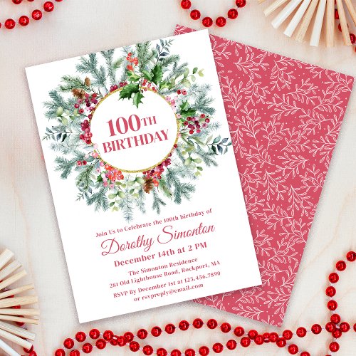 Rustic Pine Holly Berry Wreath 100th Birthday Invitation