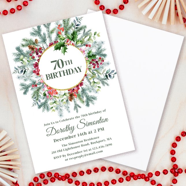 Rustic Pine Holly Berry Wreath 70th Birthday Invitation (Need matching party supplies. Welcome sign, napkins, paper plates. Something else. Message me!)