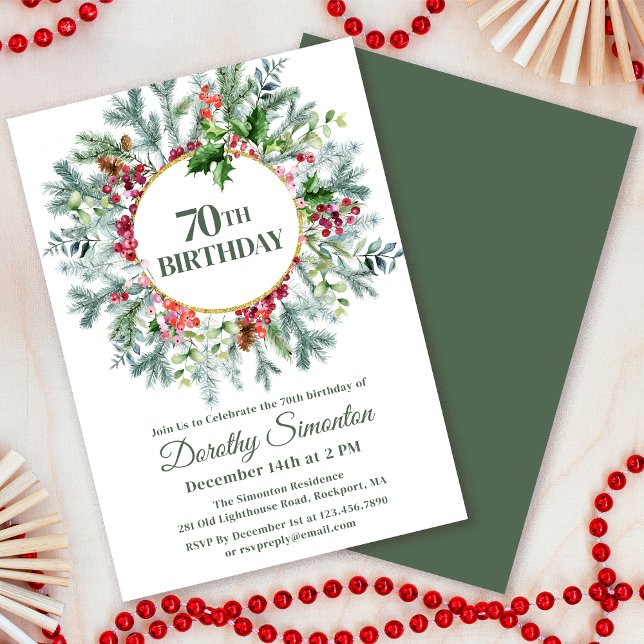 Rustic Pine Holly Berry Wreath 70th Birthday Invitation (Need a matching welcome sign? Other party supplies? Message me!)