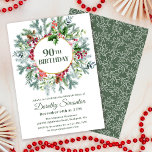 Rustic Pine Holly Berry Wreath 90th Birthday Invitation<br><div class="desc">90th Birthday is surrounded by a beautiful and rustic, winter greenery wreath. Soft green pine branches radiate out from a round gold frame. Deep red berries are sprinkled around the gold frame. A deep green holly sprig is placed at the top of the gold frame to add visual interest. The...</div>