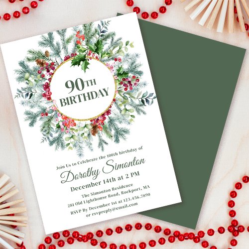 Rustic Pine Holly Berry Wreath 90th Birthday Invitation