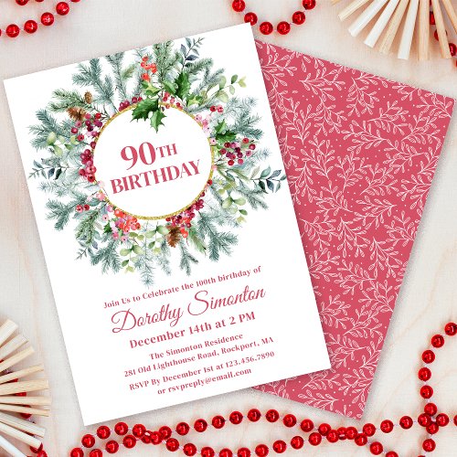 Rustic Pine Holly Berry Wreath 90th Birthday Invitation