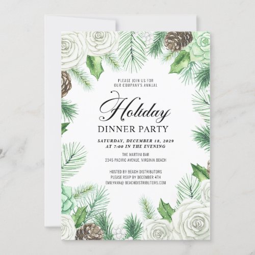 Rustic Pine Holly Corporate Holiday Dinner Party  Invitation