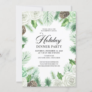 Rustic Pine Holly Corporate Holiday Dinner Party Invitation