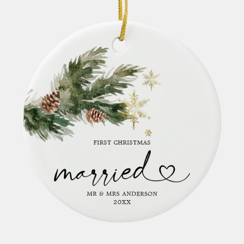 Rustic Pine Leaf First Christmas Married Ornament