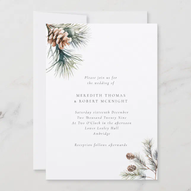 Rustic Pine Leaves & Pine Cones Winter Wedding Invitation | Zazzle