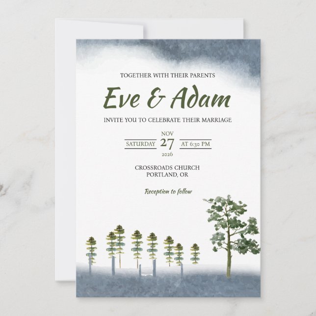 Rustic Pine Meadow Fence Watercolor Winter Wedding Invitation (Front)