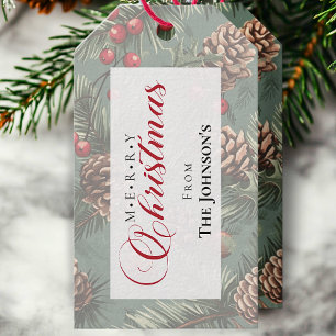 Rustic Pine Merry Christmas Calligraphy Gift Tags
