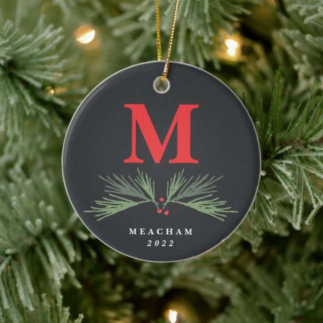 Rustic Pine Monogram Photo Christmas Ceramic Ornament (Tree)
