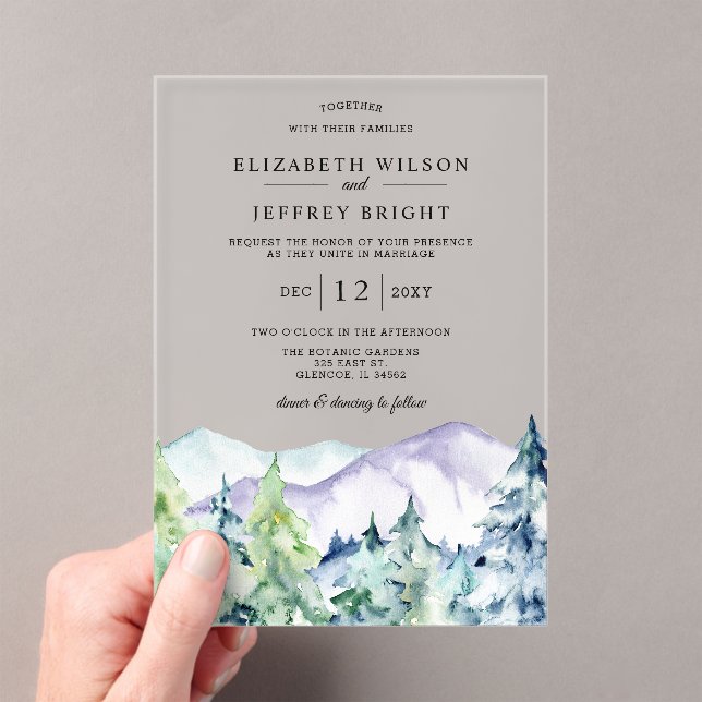 Rustic Pine Mountains Wedding Acrylic Invitations (Insitu (Handheld))