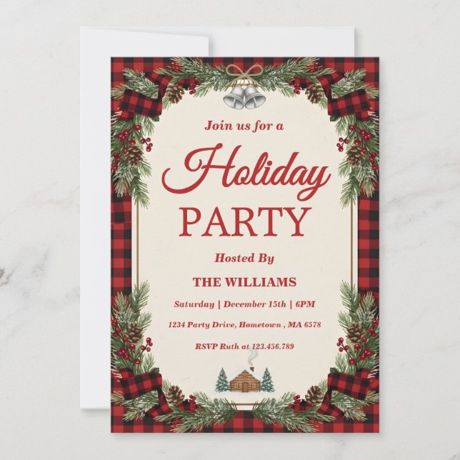 Rustic Pine & Plaid Holiday Party Invitation (Front)