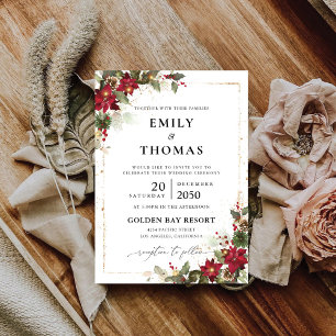 Rustic Pine Poinsettia Floral Christmas Wedding Invitation