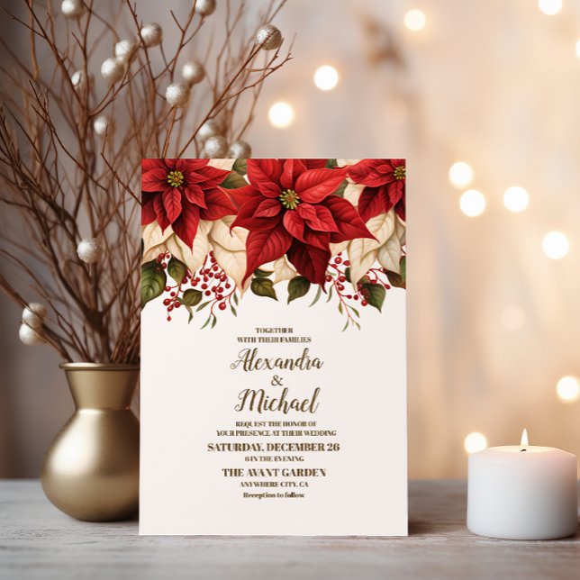 Rustic Pine Poinsettia Floral Christmas Wedding Invitation (Creator Uploaded)
