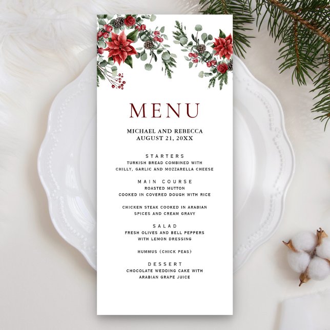 Rustic Pine Poinsettia Floral Christmas Wedding Menu (Creator Uploaded)