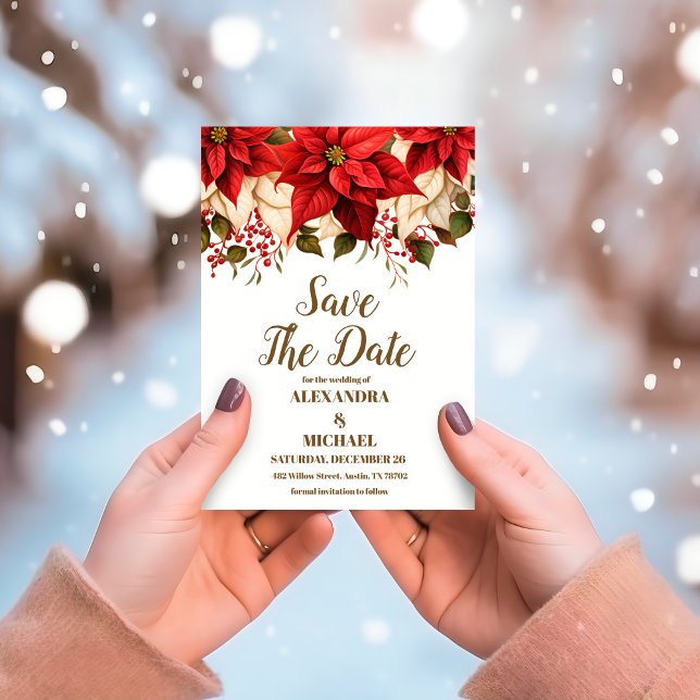 Rustic Pine Poinsettia Floral Christmas Wedding Save The Date (Creator Uploaded)