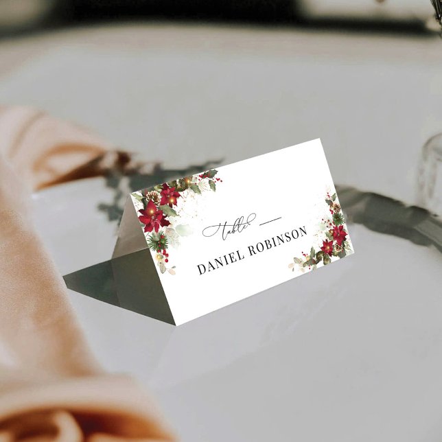 Rustic Pine Poinsettia Wedding Folded Place Card (Creator Uploaded)