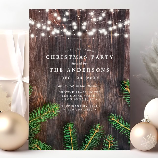 Rustic Pine String Lights Wood Christmas Party Invitation (Creator Uploaded)