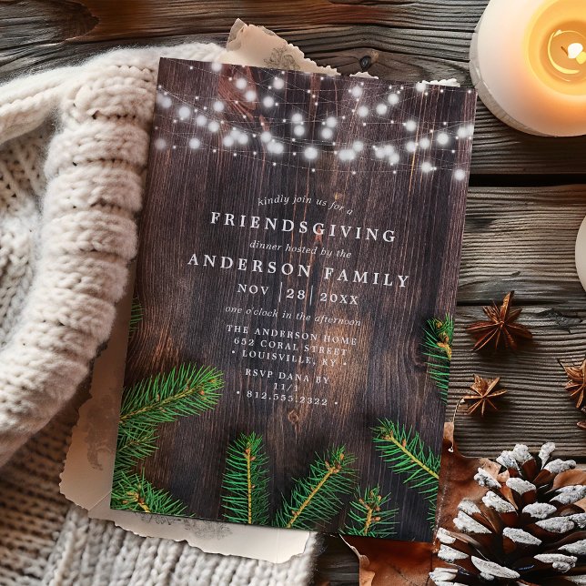 Rustic Pine String Lights Wood Friendsgiving Party Invitation (Creator Uploaded)
