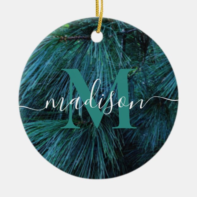 Rustic pine tree conifer evergreen monogram ceramic ornament (Front)