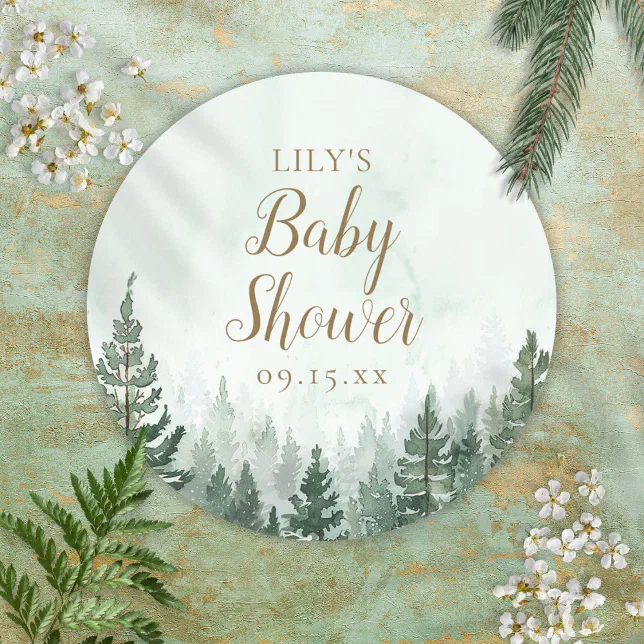 Rustic Pine Tree Forest Baby Shower Classic Round Sticker | Zazzle