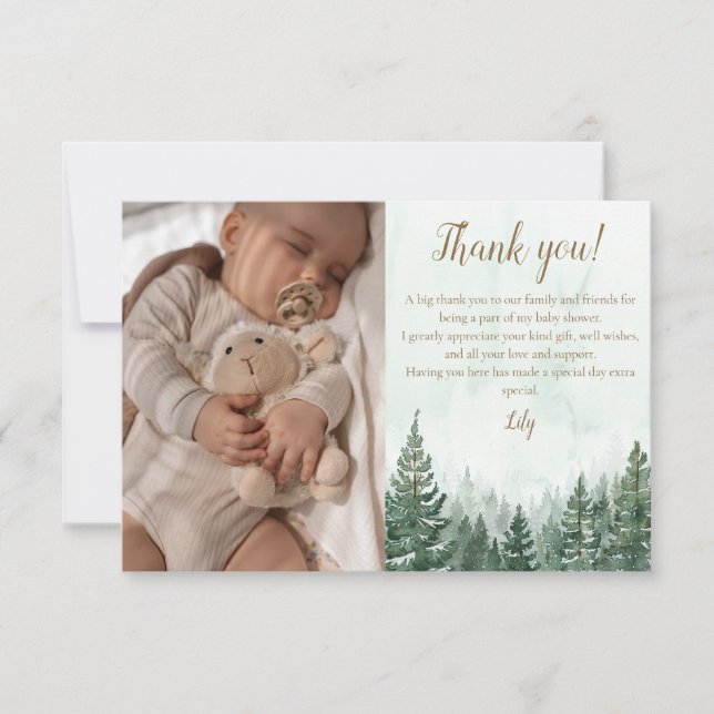 Rustic Pine Tree Forest Baby Shower Photo Thank You Card (Front)