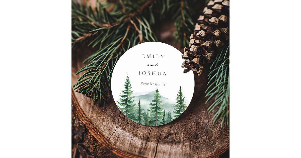 Rustic Pine Tree Forest Wedding Classic Round Sticker | Zazzle
