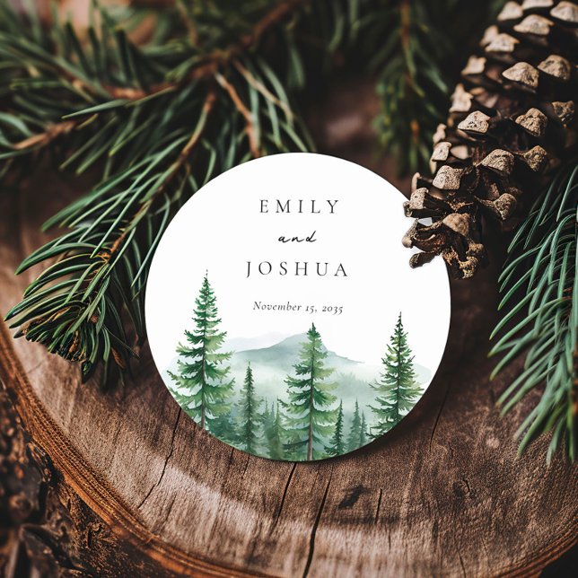 Rustic Pine Tree Forest Wedding Classic Round Sticker (Creator Uploaded)