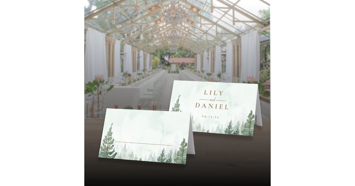 Rustic Pine Tree Forest Wedding Folded Place Card | Zazzle