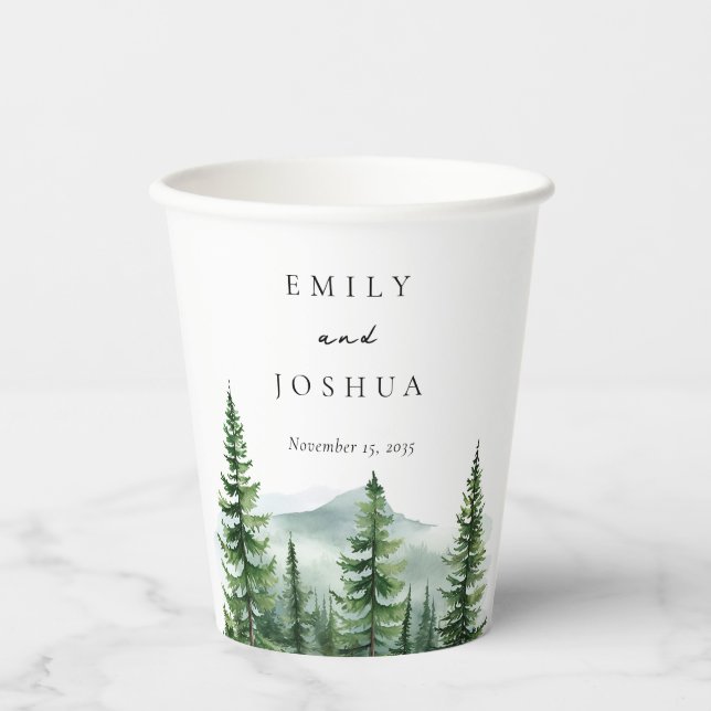 Rustic Pine Tree Forest Wedding Paper Cups (Front)