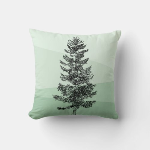 Rustic Pine Tree Hand Drawn Silhouette Mint Green Throw Pillow