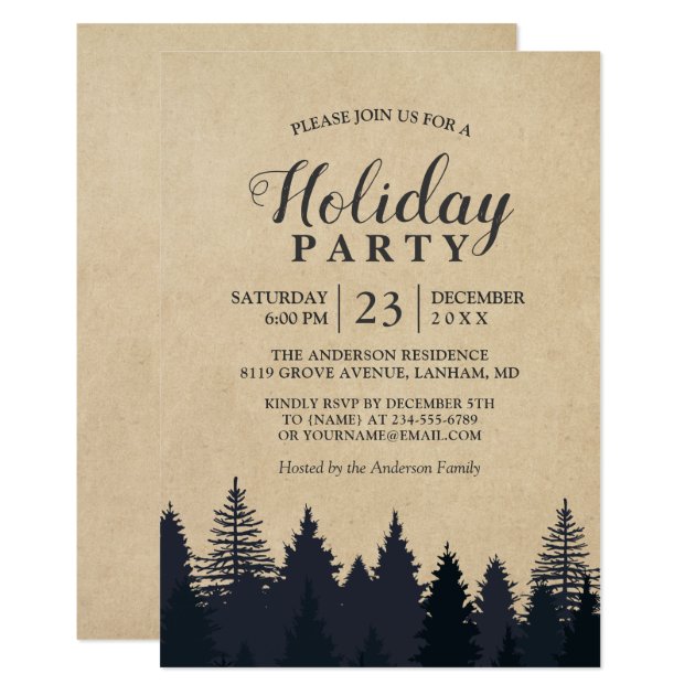 Rustic Pine Tree Kraft Christmas Holiday Party Invitation