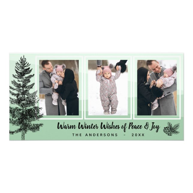 Rustic Pine Tree Mint 3-Photo Collage Greeting Card (Front)