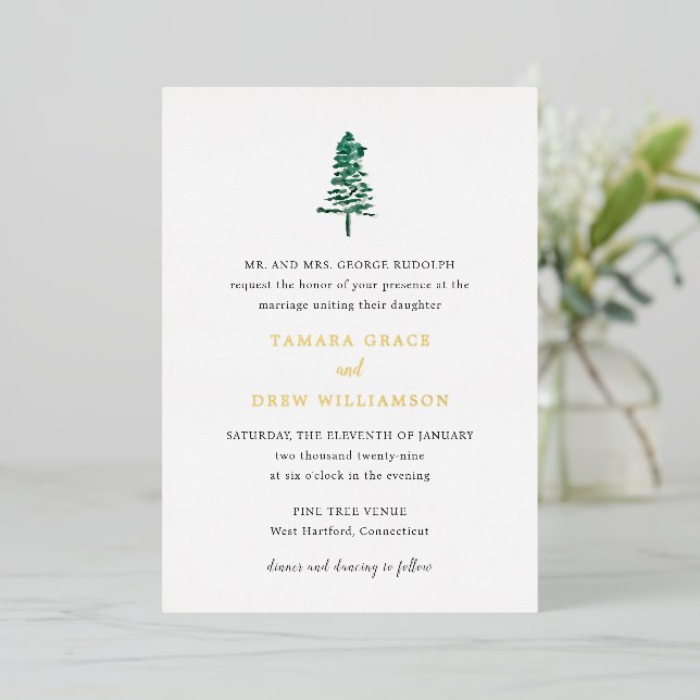 Rustic Pine Tree Modern Wedding Foil Invitation (Standing Front)