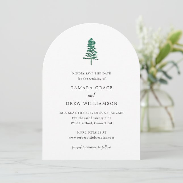 Rustic Pine Tree Modern Wedding Save The Date (Standing Front)