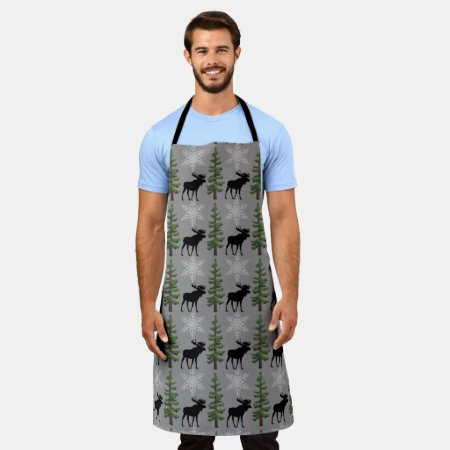 Rustic Pine Tree Moose All-over Print Apron
