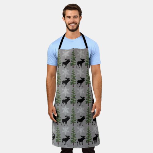 Rustic Pine Tree Moose All_Over Print Apron