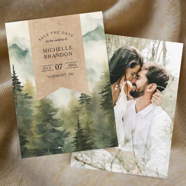 Rustic Pine Tree Mountain Nature Adventure Photo Save The Date (foggy mountains watercolor)