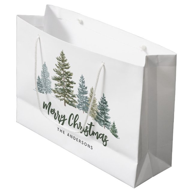 Rustic Pine Tree Personalized Christmas  Large Gift Bag (Front Angled)