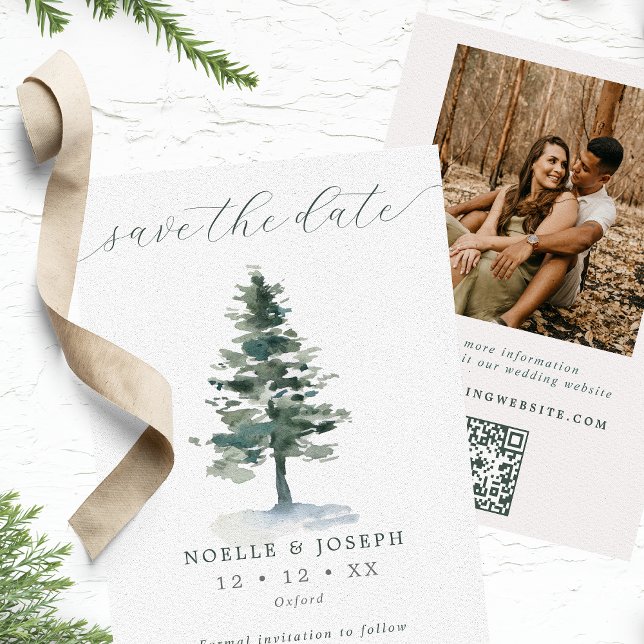 Rustic Pine Tree Photo & QR Code Wedding Save The Date (Creator Uploaded)