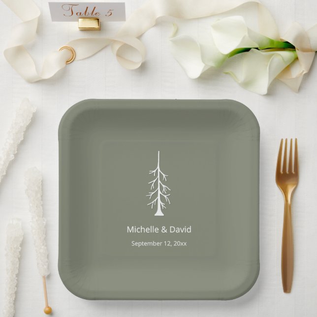 Rustic Pine Tree Sage Green Casual Wedding  Paper Plates (Wedding)