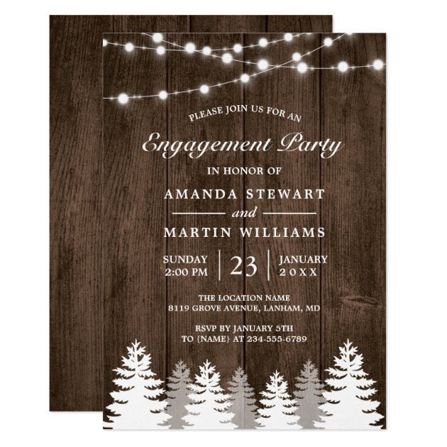 Rustic Pine Tree String Lights Engagement Party Invitation