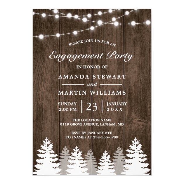 Rustic Pine Tree String Lights Engagement Party Invitation