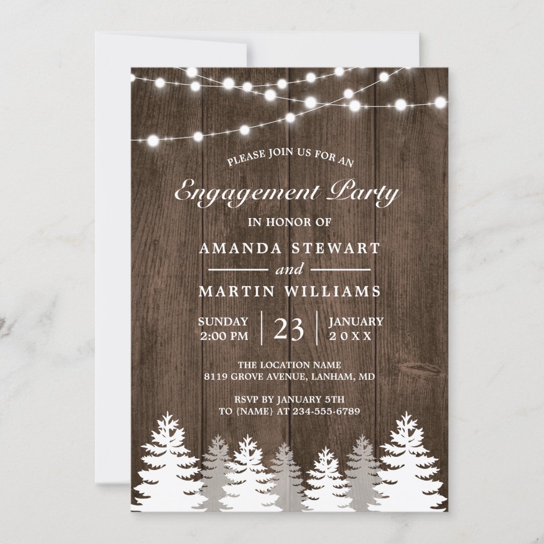 Rustic Pine Tree String Lights Engagement Party Invitation | Zazzle