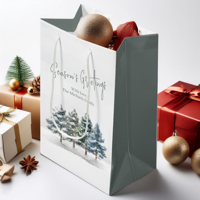 Rustic Pine Trees Christmas Personalized  Medium Gift Bag (Holiday custom gift bag with watercolor pine trees.)