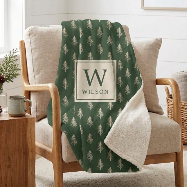 Rustic Pine Trees Custom Monogram Christmas Sherpa Blanket (Creator Uploaded)