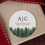 Rustic Pine Trees Custom Return Address Classic Round Sticker<br><div class="desc">Watercolor rustic pine trees custom return address stickers. Customizable</div>