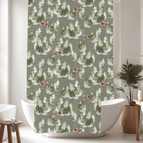 Rustic Pine Trees Deer Pattern Shower Curtain