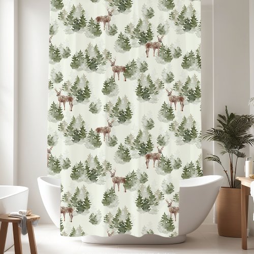 Rustic Pine Trees Deer Pattern Shower Curtain