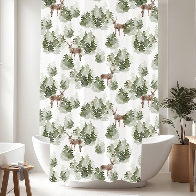 Rustic Pine Trees Deer Pattern Shower Curtain (Creator Uploaded)