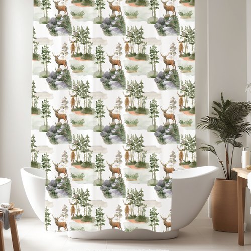 Rustic Pine Trees Deer pattern Shower Curtain